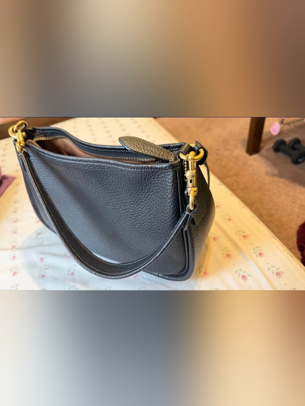 Black Leather Shoulder Bag with Gold Hardware
